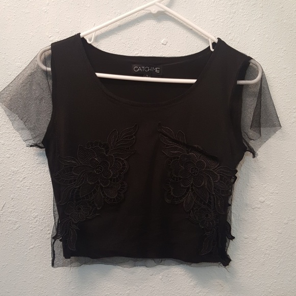 Embroided Black Rose Mesh Top - Picture 1 of 5